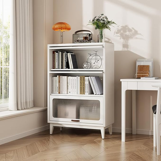 AQIMUELE Solid Wood Storage Cabinet with Glass Doors, 3 Shelf Small Storage Cabinet, Mid Century Modern Bookcase, Kitchen Pantry Cabinet (White, 31.5" W)
