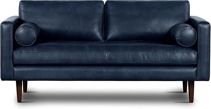 Poly & BARK Napa 72" Leather Sofa – Full-Grain Italian-Tanned Aniline Leather, Feather-Down Comfort, Solid Wood Frame, Walnut Legs, Midnight Blue