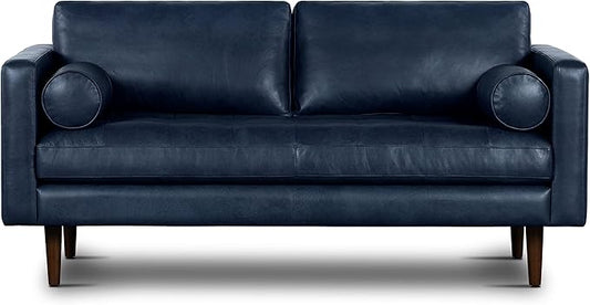 Poly & BARK Napa 72" Leather Sofa – Full-Grain Italian-Tanned Aniline Leather, Feather-Down Comfort, Solid Wood Frame, Walnut Legs, Midnight Blue