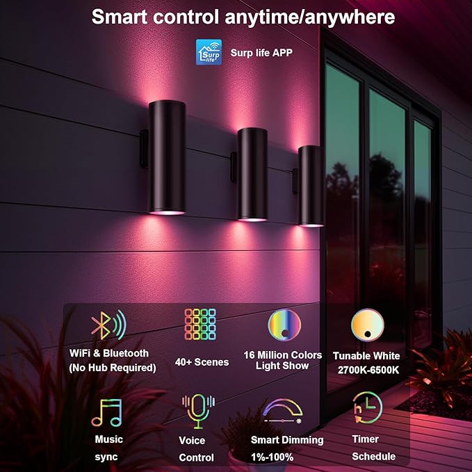 Smart Outdoor Wall Lights, Remote Control RGB Color Changing RGBCCT Exterior Lighting - 4 Light Bulbs A19 Included, Smart Wall Lights for House, Porch and Garage [ETL Listed] (2 Pack)