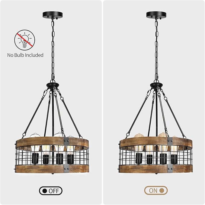 4-Light Rustic Chandelier for Entryway, Round Farmhouse Light Fixtures for Dining Room, Industrial Drum Hanging Pendant Lighting for Kitchen Island, Nature Wood Texture and Black Metal Finish