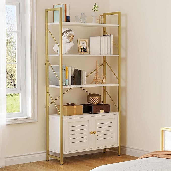 YITAHOME Bookshelf with Storage Cabinet, Modern Bookcase Standing 5 Tiers Book Shelves Display Rack with Doors for Bedroom Living Room Office, White Gold