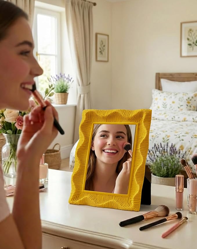 Decorative Wall Mirror for Small Apartment Decor Aesthetic, with Soft Velvet-Like Touch, 7.5x5.7 Cute Bedroom Mirror with Stand for Table Gallery Wall Art, Modern Room Decor (Yellow-Orange)