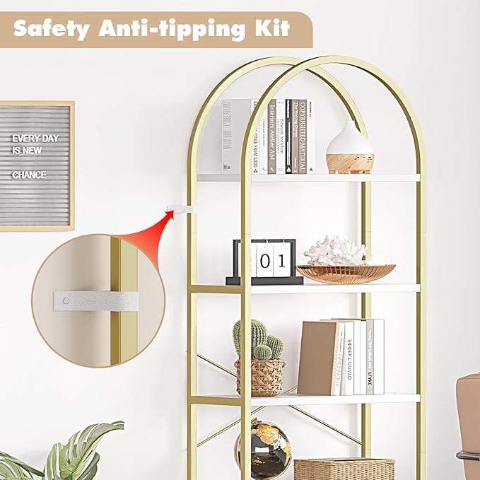 CABIHOME Bookshelf Tall Bookcase Arched Standing Bookshelves Modern Display Racks 5 Tier Storage Rack Shelf Large Wood Book Shelf for Bedroom, Living Room, Home Office