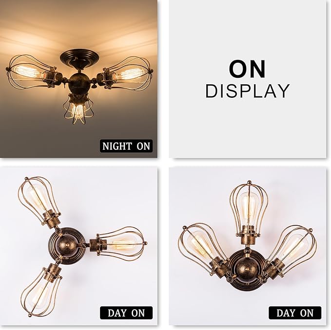 Vintage Ceiling Light Industrial Rotatable Semi-Flush Mount Ceiling Light Metal Lamp Fixtures Painted Finish (with 3 Light) (Bronze)