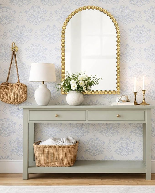 Gold Beaded Arched Wall Mirror 24x36 Inch, Vintage Decorative Arch Mirror with Beaded Frame, Accent Mirror for Entryway, Bathroom, Living Room, Bedroom, Fireplace