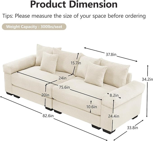 KEIKI 83" Oversized Corduroy Modular Sectional Loveseat Sofa with High-Density Foam Cushions, Extra-Thick Armrest, Upholstered Modern 2-Seater Fluffy Corner Couch with 6 Pillow, for Living Room, Beige