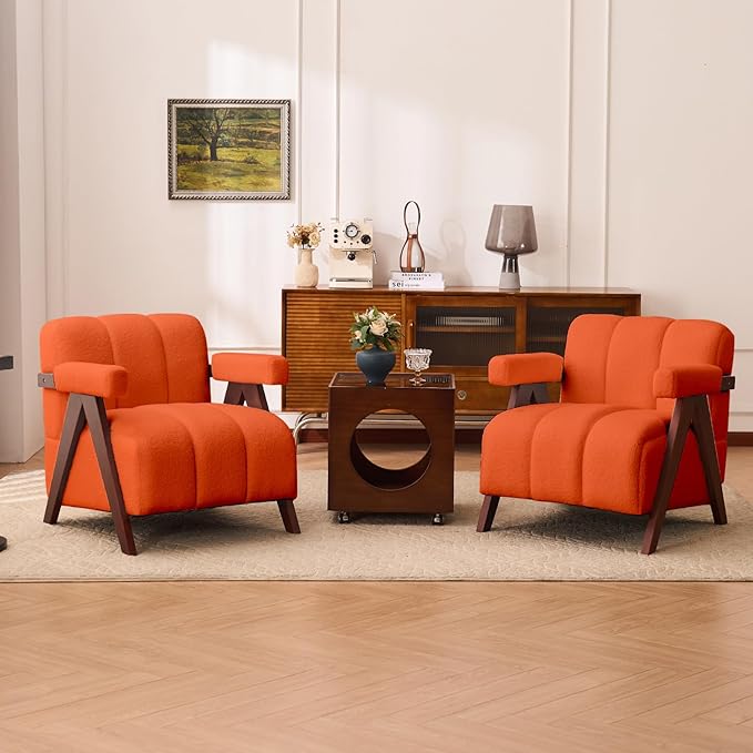 Accent Chairs Set of 2 Mid-Century Modern with Wide Backrest for Bedroom, Upholstered Living Room Chair with Wooden, Lounge Armchair with Thick Cushion, Cute Teddy Comfy Chair, Orange