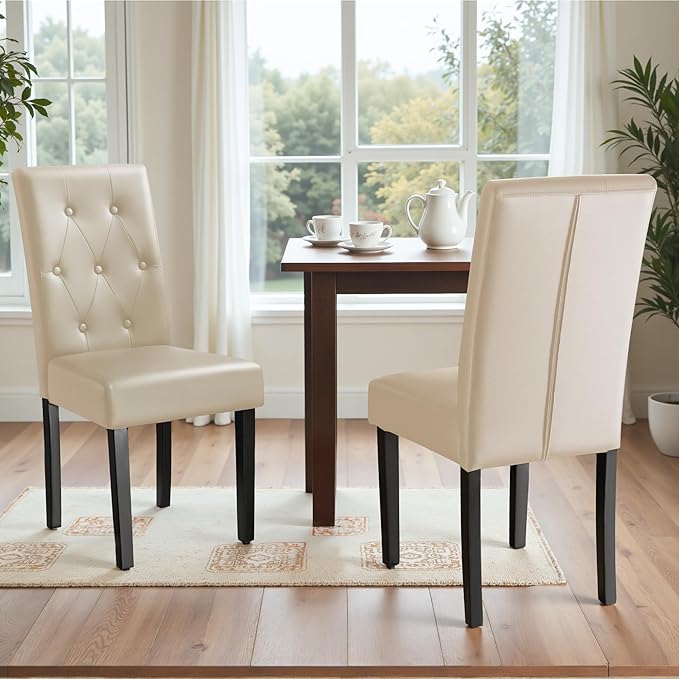 Furmax Ergonomic Dining Chairs Set of 4, PU Leather Dinning Room Chairs, Button Tufted Kitchen Chairs with Adjustable Wood Legs for Kitchen Living Room (Leather Beige, 4)