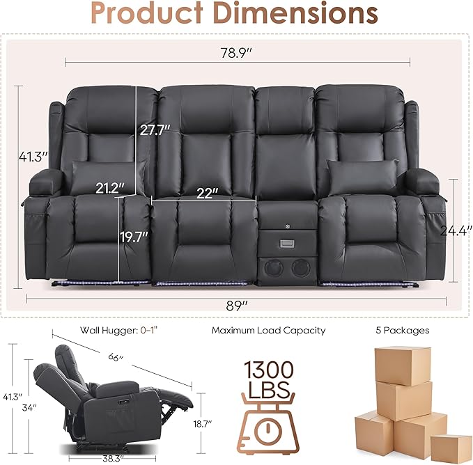 TUNYI Wall Hugger Loveseat Recliner Sofa with Console, Power Reclining Loveseat RV Couch with Massage & Heat/USB/Outlet/Storage/LED Light/Speaker (Light Grey, 3 Seat with Console)