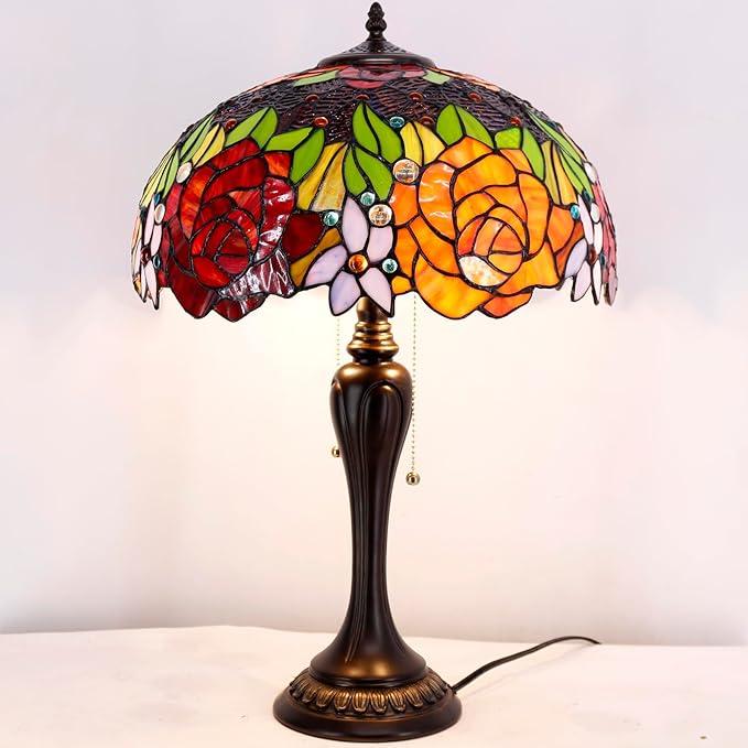WERFACTORY Tiffany Table Lamp Stained Glass Bedside Lamp Red Rose 16X16X24 Inches Desk Reading Light Resin Base Decor Bedroom Living Room Home Office S001 Series