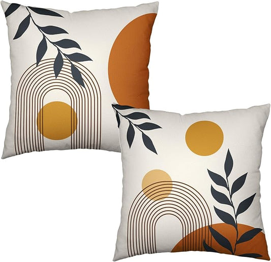 Boho Pillow Covers 22 X 22 Green Leaf Mid Century Farmhouse Decorative Pillow Cases Set of 2 Outdoor Abstract Orange Sunset Pillowcase Geometric Minimalist Cushion Cases for Home Couch Sofa