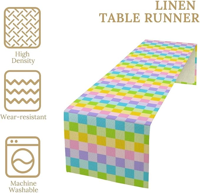 Boho Hippie Table Runner Rainbow Geometric Square Table Runner Retro Country Dinner Runner for Living Room Kitchen Party Holiday Dinner Home Decor Yellow Pink Blue 13x70in