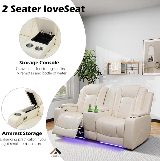 Power Reclining Sofa Set for Living Room, Leather Recliner Couch Set with Drop-Down Table, Power Pads, Cup Holders, Storage Console for House/Home Teather(Sofa, Loveseat and Chiar, Cream)