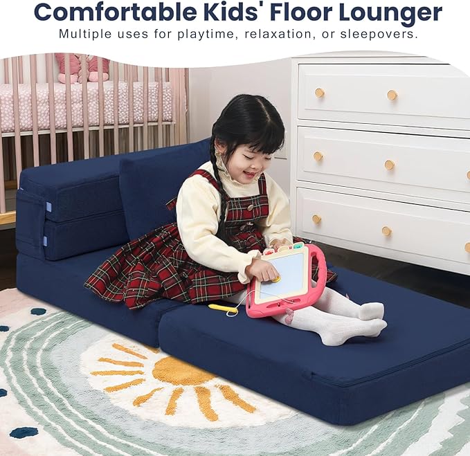 MeMoreCool Foldable Futon Chair Bed for Kids, Toddler Sofa Mattress, Convertible Foam Floor Couch, Tri-fold Sleeping Mattress (Navy)