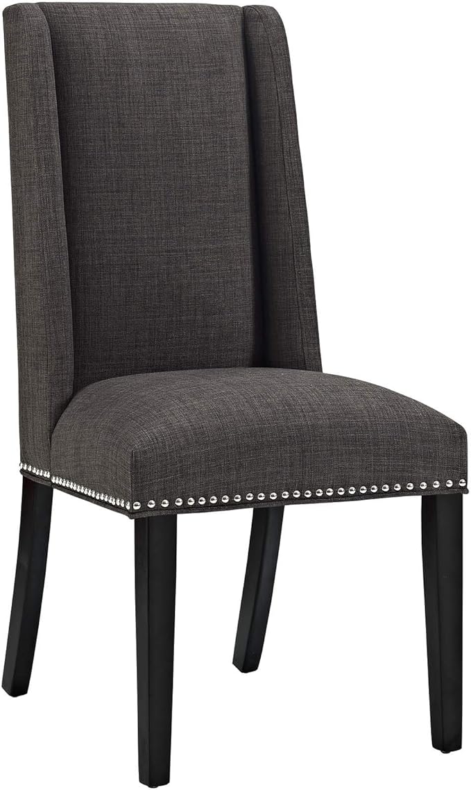 Modway Baron Modern Tall Back Wood Upholstered Fabric Parsons Four Kitchen and Dining Room Chairs with Nailhead Trim in Brown