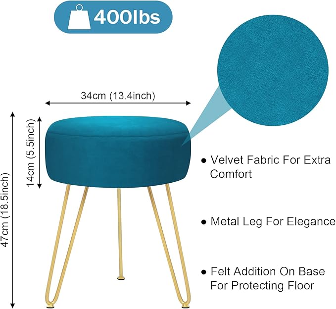 Velvet Soft Modern Vanity Footstool -Round Footrest Stool Ottoman Side Table Seat Dressing with Golden Metal Leg and Sponge Filling,Upholstered Foot Rest for Living Room (Peacock blue2)
