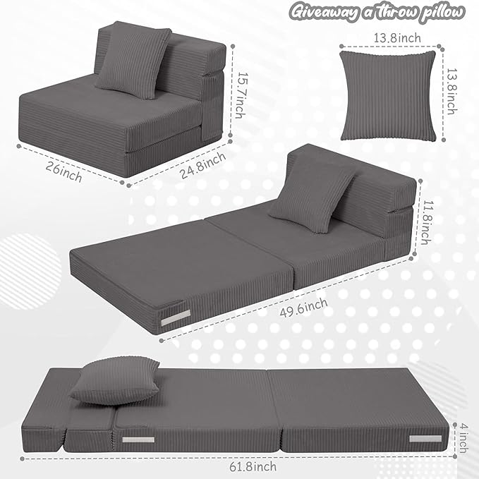 MeMoreCool Kids Folding Sofa Chair – Corduroy Floor Futon, Tri-Fold Mattress, Dark Grey, Portable, Washable Cozy Fold-Out Floor Couch | Foam Lounger for Sitting, Reading, Playroom, Travel