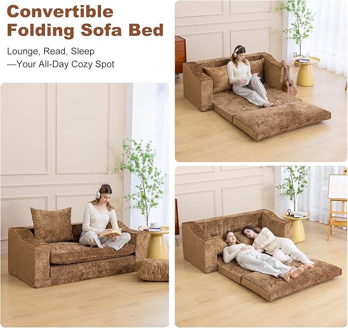 61" Convertible Sofa Bed Loveseat, Memory Foam Boneless Floor Couch with Removable Plush Velvet Cover, Tri-folding Compact Full-size Sleeper for Small Living Room, Playroom, Guest Room, RV (Brown) | Convertible Sofa Bed, Premium Memory Foam, Ergonomic ...