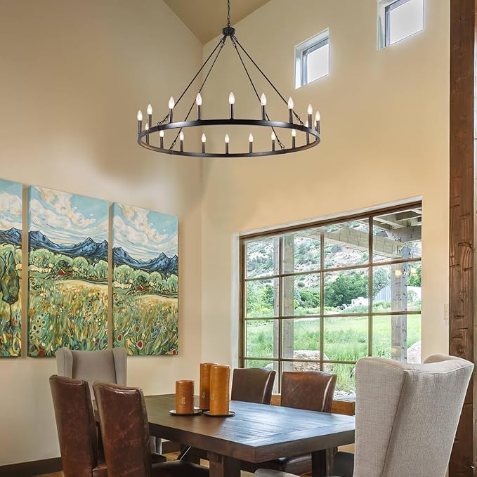 Black Wagon Wheel Chandelier 20-Light 48" Large Black Farmhouse Chandelier High Ceiling Light Fixture for Living Room Entryway Hallway Kitchen Island