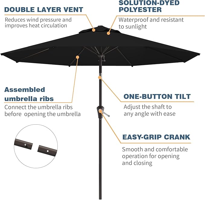 10FT Patio Umbrella, Outdoor Umbrella with Push Button Tilt and Crank, 8 Sturdy Ribs, UV Protection & Waterproof Market Umbrella for Pool, Backyard, Beach,Deck (Black)