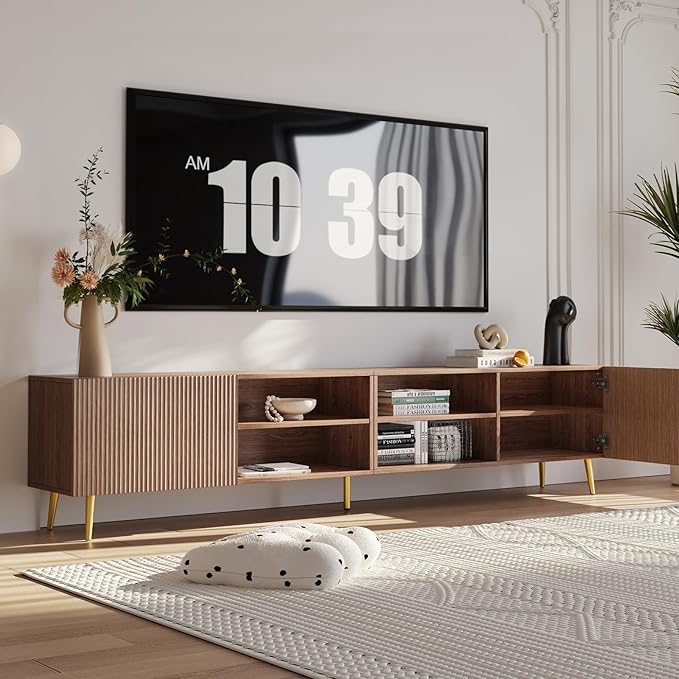 Modern 86in TV Stand for Living Room, Fluted Design Entertainment Center with Adjustable Shelves,Media TV Console Table with Storage for Bedroom,Walnut