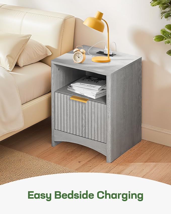 Marsail Fluted Nightstand with Charging Station, Adjustable Bedside Table with USB & AC Ports, 1 Drawer End Table, Wood Grain Finish, Sleek Wide Handle, Perfect for Bedroom, Light Grey
