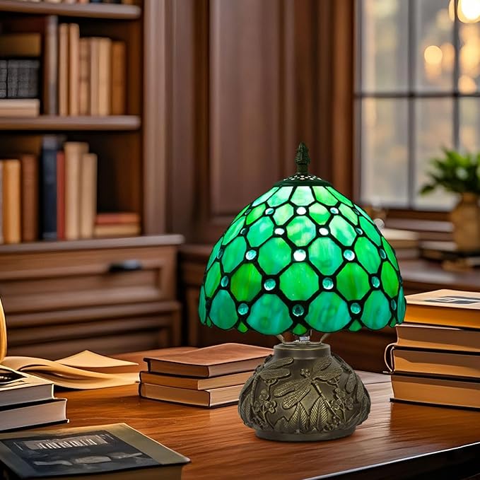 Small Tiffany Table Lamp,Stained Glass Lamp,8 Inch Mushroom Style Mini Vintage Desk Lights for Bedside, Bedroom,Nightstand,Living Room,3 Color Temperature (Blue)