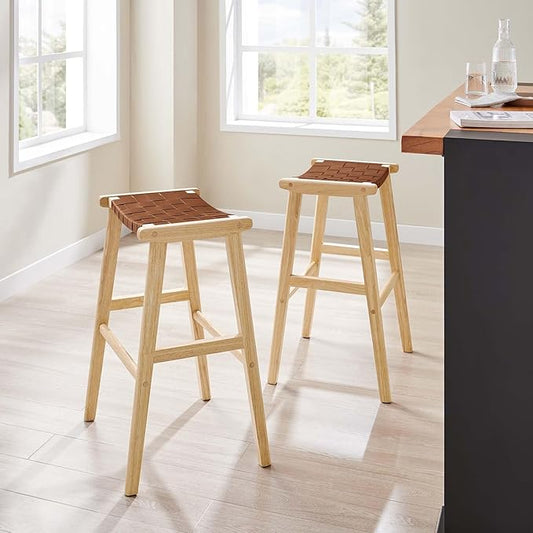 Modway Saoirse Faux Leather Wood Bar Stool - Set of 2 in Natural Brown