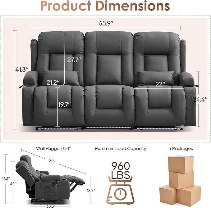 TUNYI Wall Hugger Loveseat Recliner Sofa with Console, Power Reclining Loveseat RV Couch with Massage & Heat/USB/Outlet/Storage/LED Light (Grey, 3 Seat)