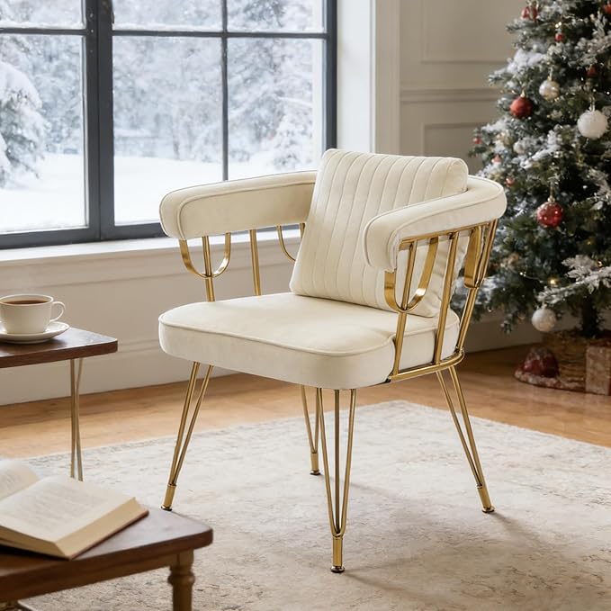 Set of 2 Vanity Chair with Back, Velvet Upholstered Accent Makeup Chairs No Wheels with Golden Legs for Modern Glam Living Room Bedroom Home Office Nail Spa, Girls & Women, Beige