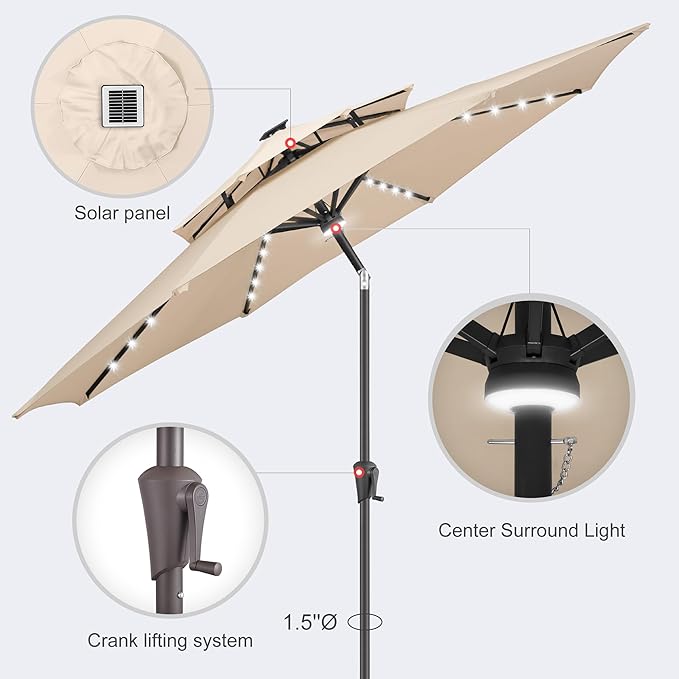 9ft Solar Umbrella Outdoor - 2 Tiers Lighted Solar Patio Umbrella with 40 LED Lights Waterprool UV Protection, Table Umbrella with Tilt for Pool, Porch, Garden, Backyard (Beige)