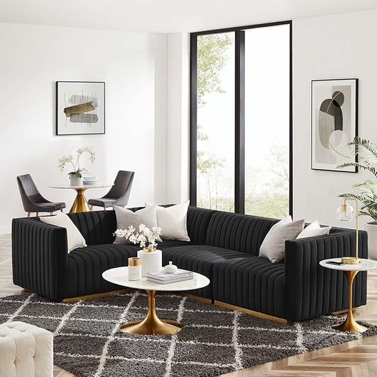 Modway Conjure Channel Tufted Performance Velvet Sectional, 4-Piece Left-Facing Sofa, Gold Black