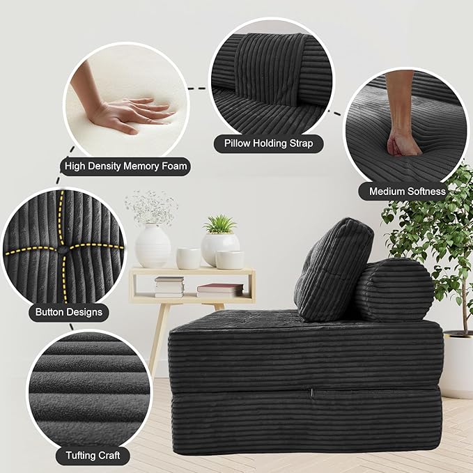 HonTop Folding Sofa Bed, Convertible Couch Chair with Pillow, Boneless Velvet Foldable Sleeper Sofa with Back Support, Portable Fold Out Lounger for Living Room, Apartment & Dorm, Dark Grey Corduroy | Lumbar Pillow