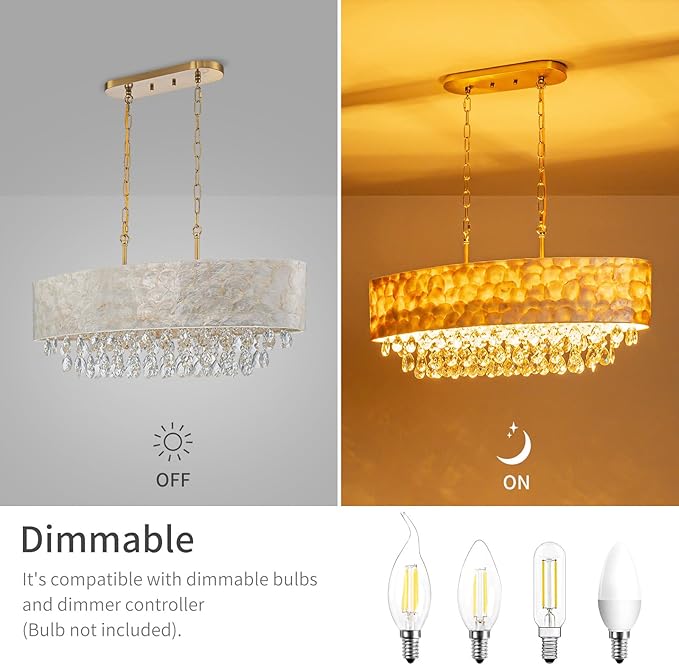 6-Light Oval Capiz Shell Crystal Linear Chandeliers, Coastal Design Light Fixture for Dining Room, Kitchen Island, L32xW12xH19~65 Inch(Adjustable), Shell Lampshade & Brass Finish