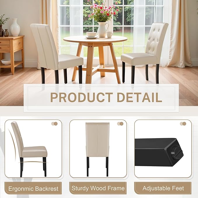 Furmax Ergonomic Dining Chairs Set of 4, PU Leather Dinning Room Chairs, Button Tufted Kitchen Chairs with Adjustable Wood Legs for Kitchen Living Room (Leather Beige, 4)