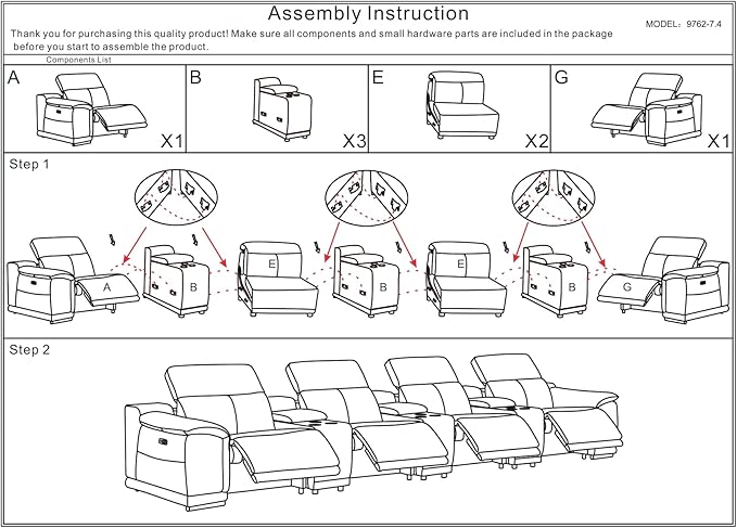 BlackJack Furniture Venice Top Grain Italian Leather Power Recline 7 Piece 4 Seater Sofa - 175" Theater Seating Modern Couch for Living Room Apartment with Adjustable Headrests & USB Port, White