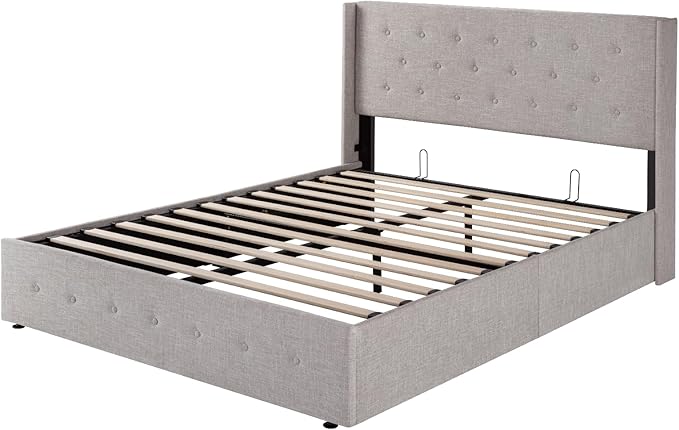 SHA CERLIN Queen Size Lift Up Storage Bed Frame,Button Tufted Wingback Headboard,Upholstered Platform,Hydraulic Storage,Wooden Slat Support,No Box Spring,Light Beige
