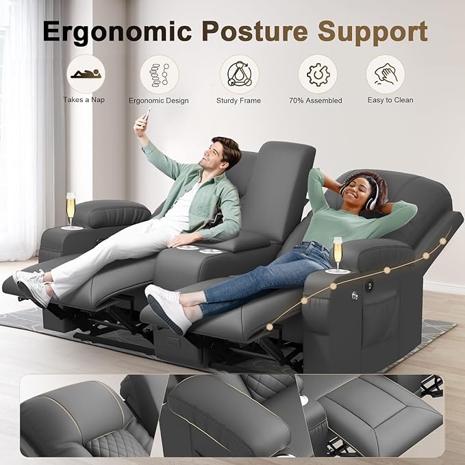 YONISEE Large Loveseat Recliner, Loveseat Recliner Sofa with Storage Console, Recliner Chair with USB Ports, 2 Cell Phone Holders, Cup Holder, Loveseat Couch for Living Room (Dark Gray)