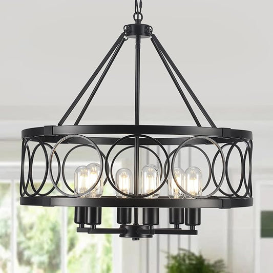 Black Farmhouse Chandelier, 6-Light Rustic Chandeliers for Dining Room Light Fixture, Drum Chandelier Round Pendant Light, Hanging Kitchen Island Lighting for Living Room, Entryway, Foyer