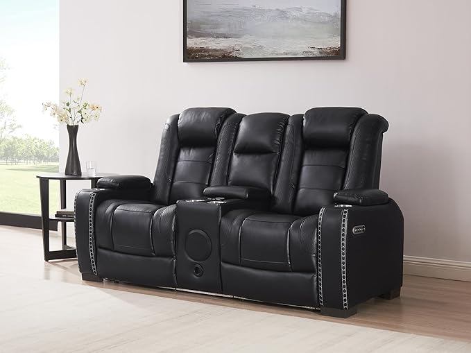 THSUPER Black Leather Power Recliner Loveseat with Arm Storage and Bluetooth Speaker, Theater Seating Leather Living Room Reclining Loveseat with Cup Holders and Wireless Charging. | Breathable material, LED ambient light, USB and Type-C port, In a box...