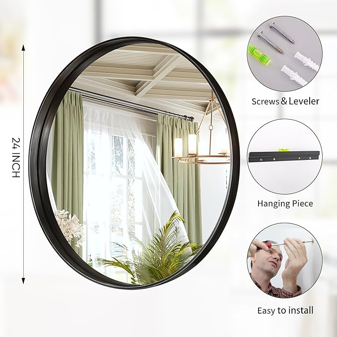 Suidia 24" x 24" Bathroom Mirror, Bathroom Vanity Mirror Metal Framed, Wall-Mounted Mirrors for Bedroom, Living Room, Entryway, Hallway, Black, Round Style