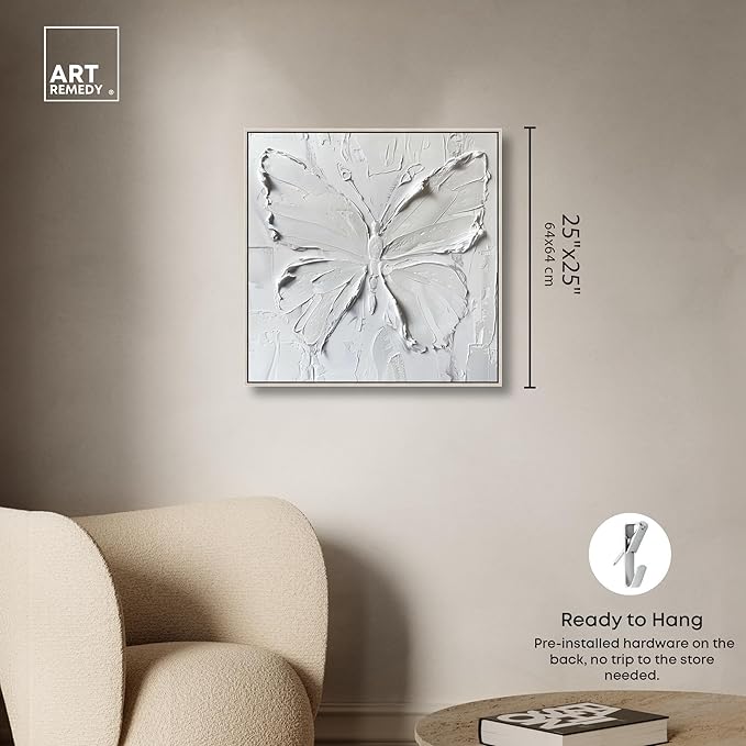 Art Remedy White Butterfly Canvas Elegant White Gold Wall Art, Silver Frame, 24" x 24"