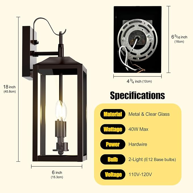 18'' Large Dusk to Dawn Outdoor Lighting, Exterior Sensor Outdoor Wall Lights, Industrial Front Porch Light with Clear Glass, Waterproof Oil Rubbed Bronze Anti-Rust Outdoor Lights for House Garage