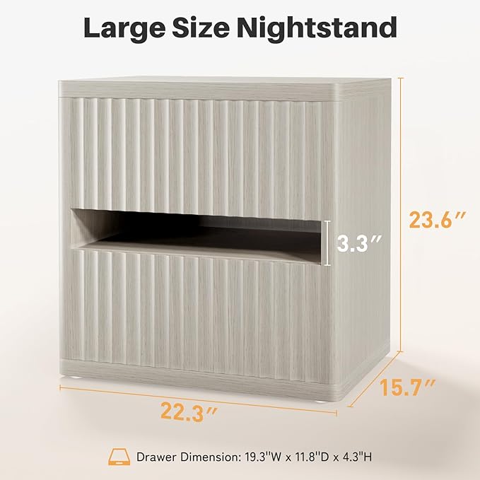 Dripex Fluted Nightstand Set of 2, 22'' Wide Night Stand with 2 Large Drawers, Mid Century Modern Wood Bedside Table with Open Shelf, Large Bed Side End Table for Bedroom, Gray Oak
