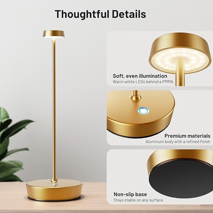 Cordless LED Table Lamp，Rechargeable Battery Desk Lamps, 3 Color Stepless Dimmable Metal Battery Table Lamps, Portable Waterproof Table Light for Indoor/Outdoor/Restaurant (2Pack Brass)