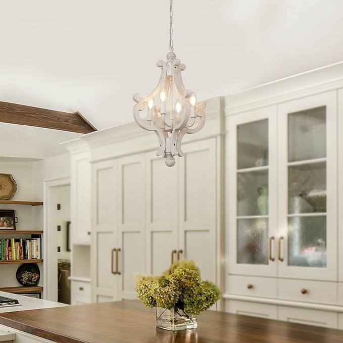 French Country Chandelier, 4-Light Rustic Farmhouse Distressed White Chandeliers for Dining Room, Modern Wood Kitchen Light Fixtures, Hanging Light Fixture for Bedroom Entryway Island