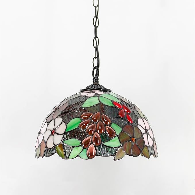 Tiffany Pendant Light Plug in 12 Inch Green Purple Grape Stained Glass Hanging Lamp with Chain 33 Inch, Cord 15 Feet