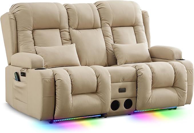 TUNYI Wall Hugger Loveseat Recliner Sofa with Console, Power Reclining Loveseat RV Couch with Massage & Heat/USB/Outlet/Storage/LED Light/Speaker (Beige)
