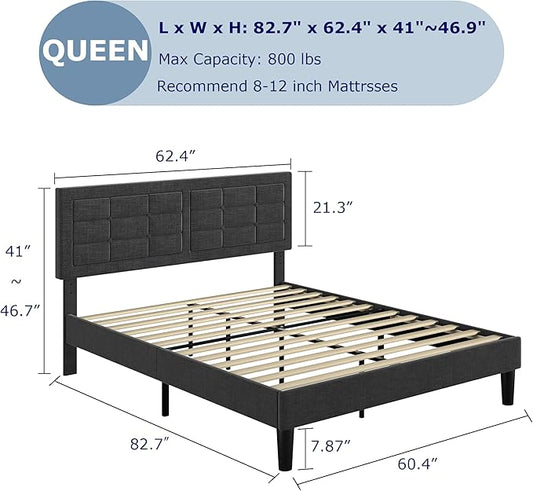 VECELO Queen Size Bed Frame with Adjustable Headboard, Upholstered Button Tufted Platform Bedframe with Wood Slats Support, No Box Spring Needed, Linen Fabric & Grey